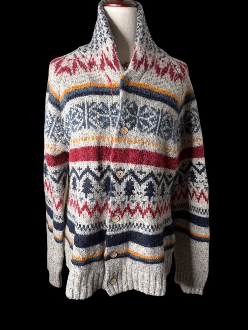 H&M LOGG Shawl Collar Wool Nordic Fair Isle Button up Cardigan ASO Shiv Roy Lg